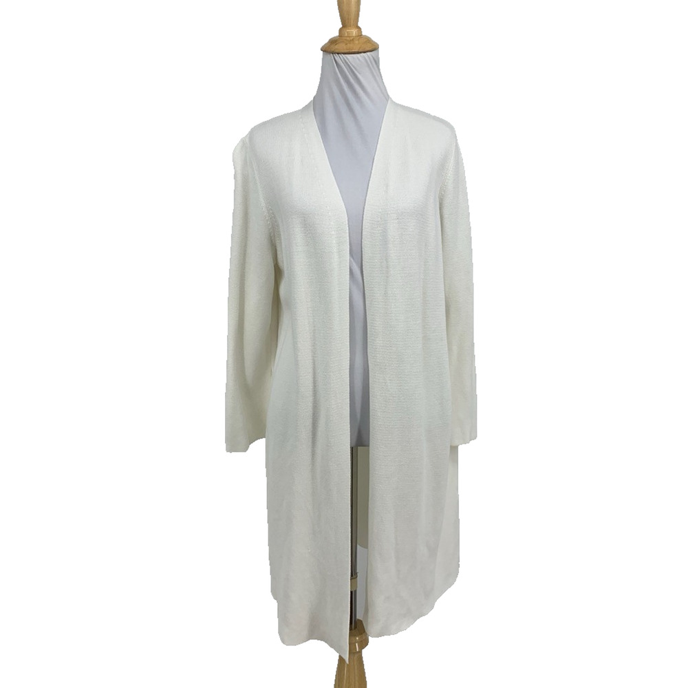 Eileen Fisher Cardigan Womens M Medium Ivory Silk Blend Open Front Long Sweater